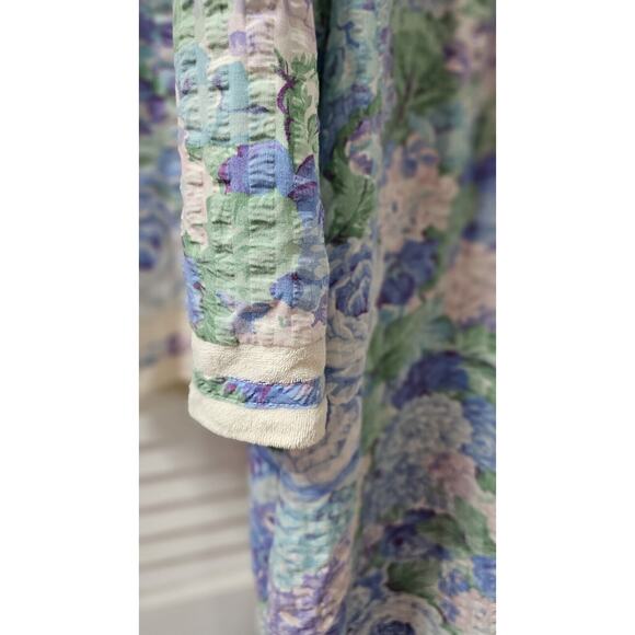 VTG MISS ELAINE Blue Floral ROBE Housecoat Dress Snap Front Terry Collar Med Lrg - Picture 4 of 4